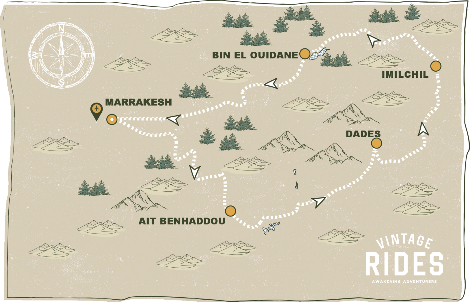 Illustrierte Karte der Vintage Rides Motorradreise Die Wunder des Atlasgebirges: Marrakesch, Aït Ben Haddou, Dadès, Imilchil, Bin El Ouidane
