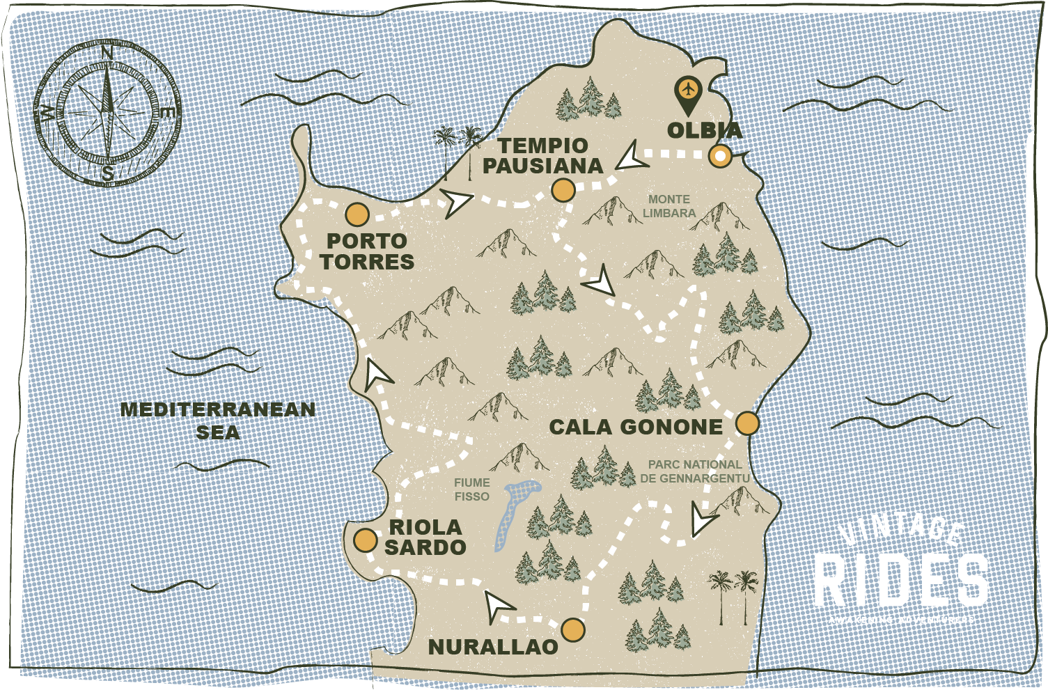 Illustrierte Karte der Vintage Rides Motorradtour durch Sardinien: Olbia, Tempio Pausania, Cala Gonone, Nurallao, Riola Sardo, Porto Torres