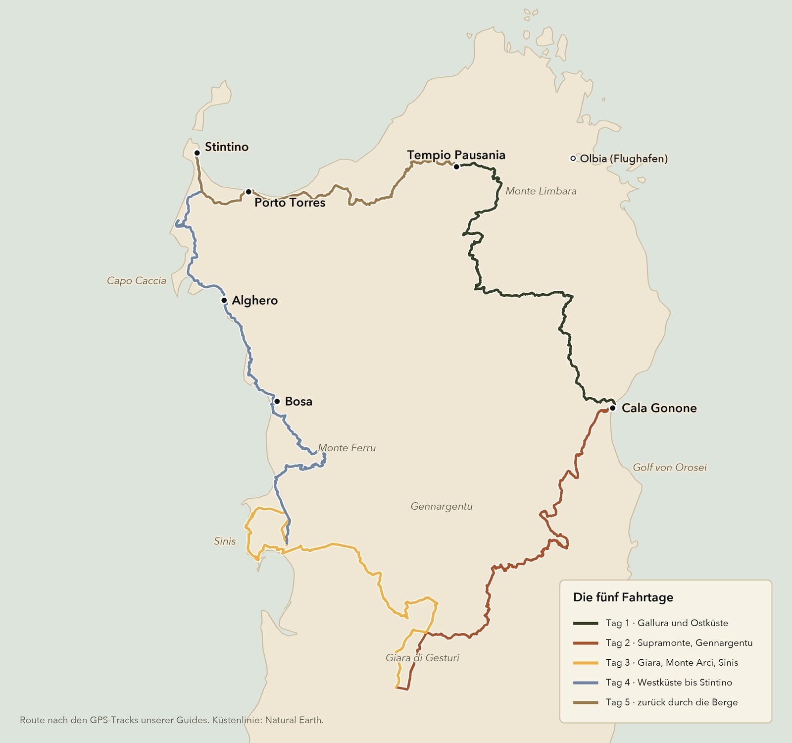 Karte mit den GPS-Tracks der Motorradtour durch Sardinien: fünf Tagesetappen von Tempio Pausania über Cala Gonone, die Halbinsel Sinis, Bosa, Alghero und Stintino