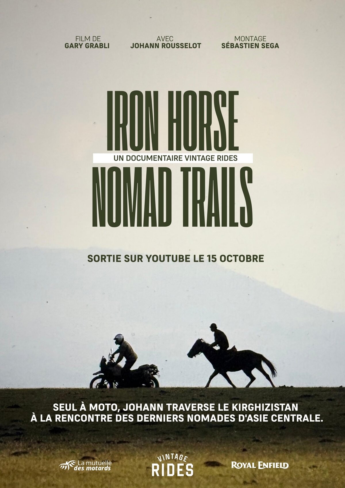 Affiche du film documentaire Iron Horse Nomad Trails de Vintage Rides, tourné au Kirghizistan à moto