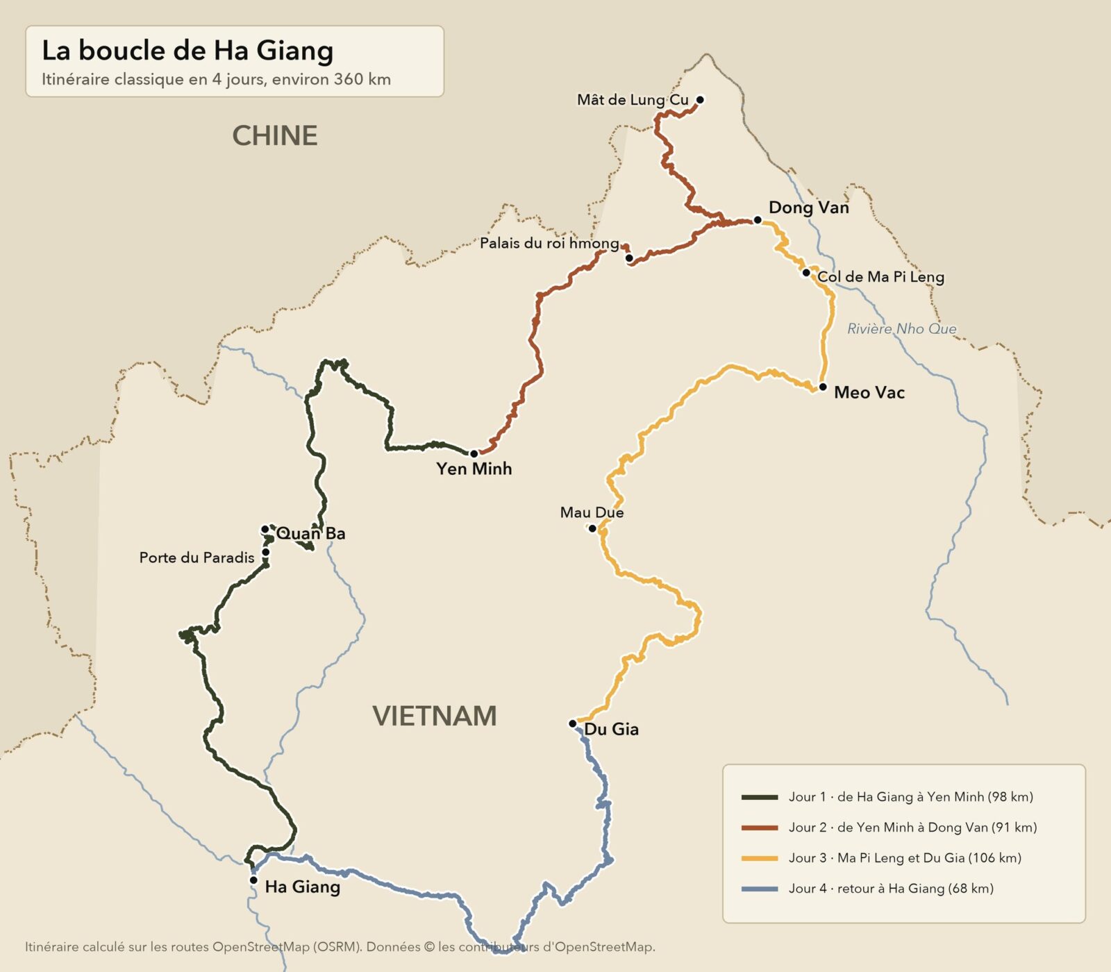 Carte de la boucle de Ha Giang : itinéraire classique en 4 jours par Quan Ba, Yen Minh, Dong Van, le col de Ma Pi Leng, Meo Vac et Du Gia