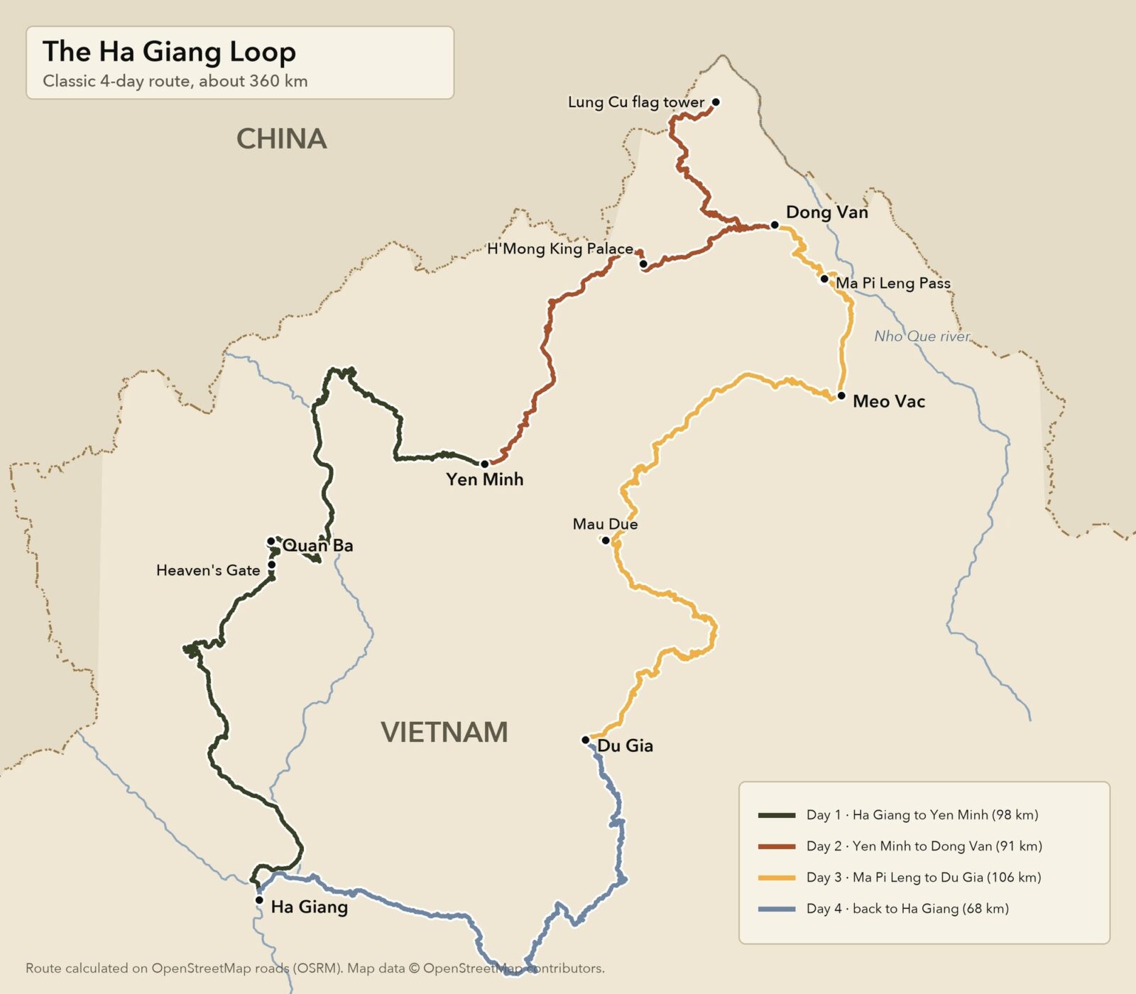 Ha Giang Loop map: the classic 4-day route from Ha Giang via Quan Ba, Yen Minh, Dong Van, Ma Pi Leng Pass, Meo Vac and Du Gia
