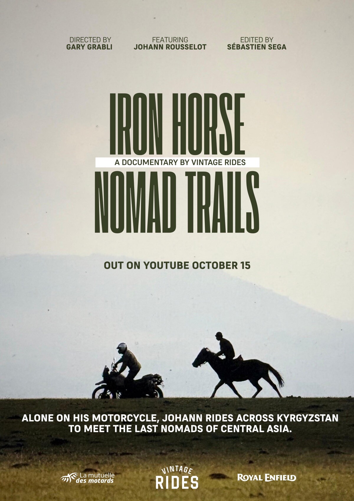 Poster for Iron Horse Nomad Trails, the Vintage Rides documentary film shot by motorcycle in Kyrgyzstan