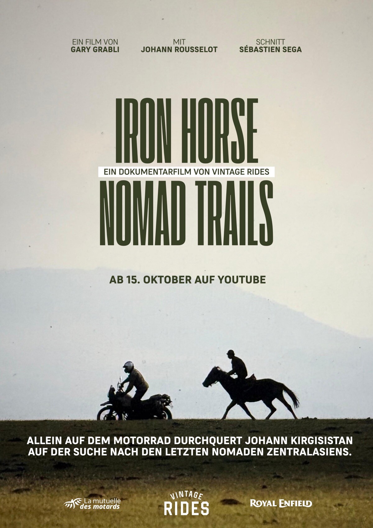 Filmplakat von Iron Horse Nomad Trails, dem Dokumentarfilm von Vintage Rides, gedreht mit dem Motorrad in Kirgisistan